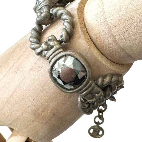 Vintage Silver Givenchy Chunky Link Bracelet Hematite Glass 1980s Logo Charm 58g - Picture 1 of 16